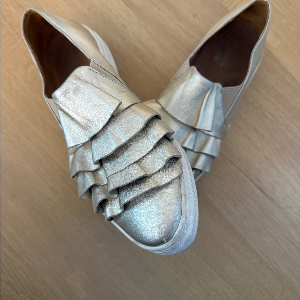 Metallic Silver Ruffle Slip-On Sneakers - Women